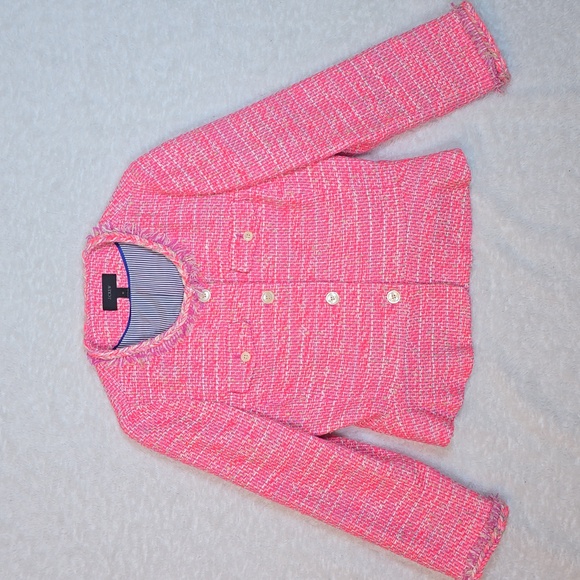 J.Crew Hot Pink Jacket Tweed Peplum Fringe Blazer Sz. 10